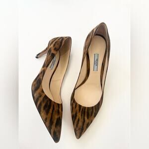 Prada Black Brown leather Calf Hair Leopard Print pointed toe pumps EU 39.5